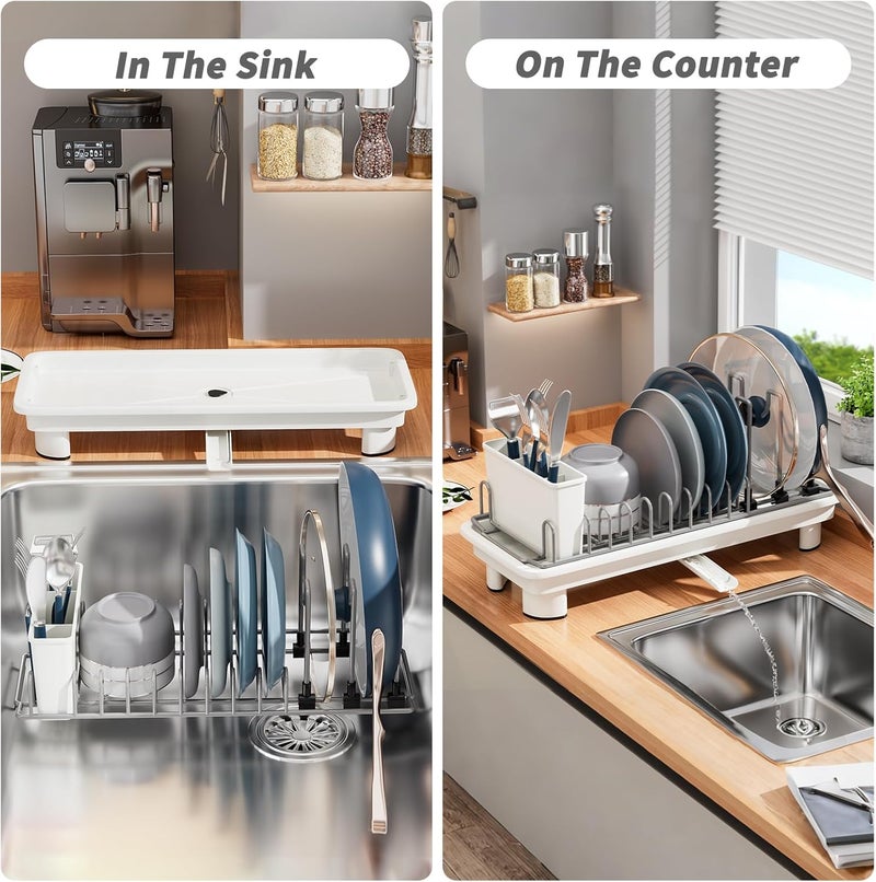 SanDream Small Dish Drying Rack with Removable Utensil Holder & Anti-Scratch Base - Stainless Steel Dish Rack, Dish Drying Rack with Drainage & Space Saving Design for Kitchen Counter, White - Image 2